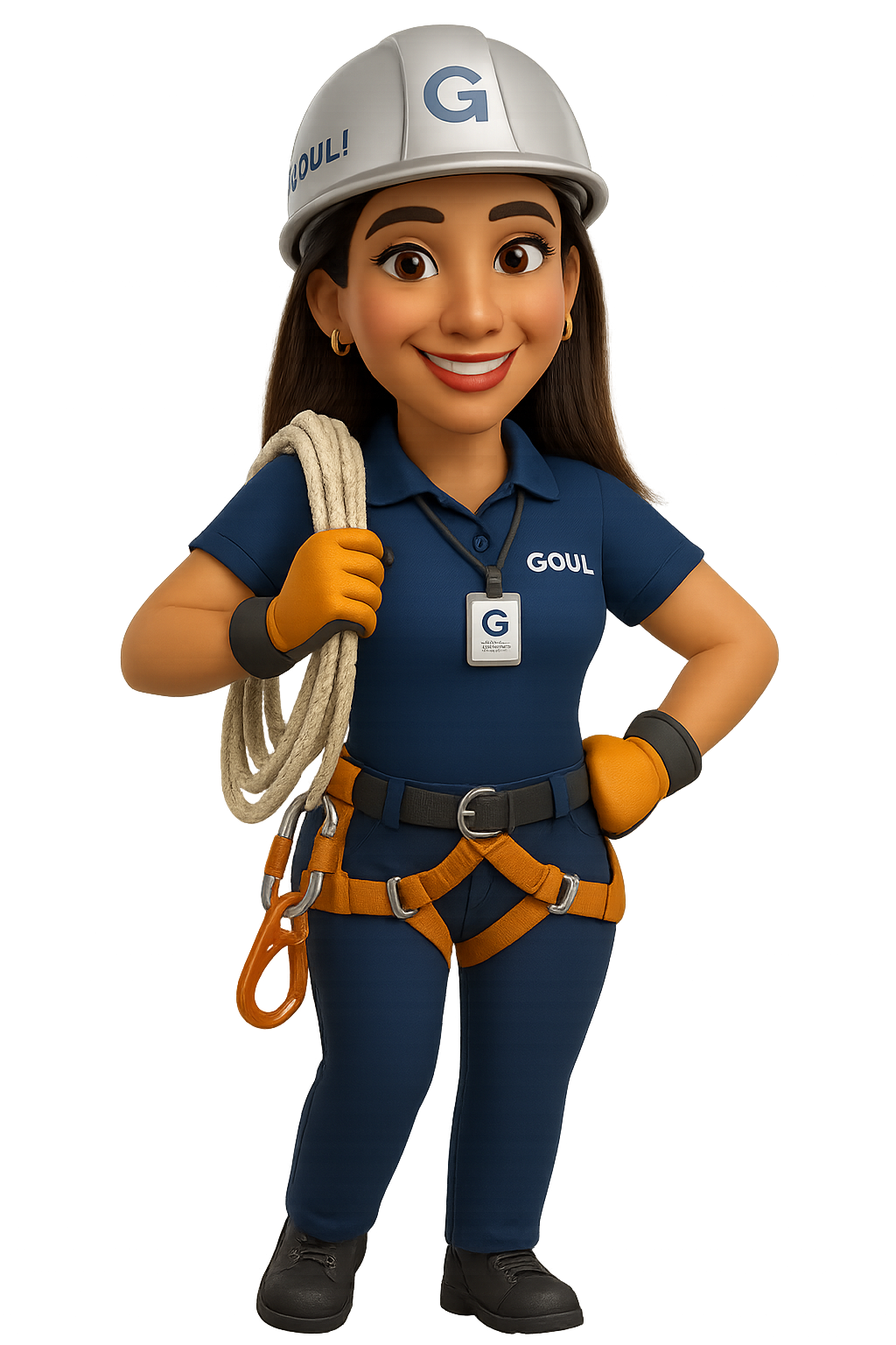 Mascote GOUL Soluções, técnica de rigging com capacete, luvas e cinto de segurança